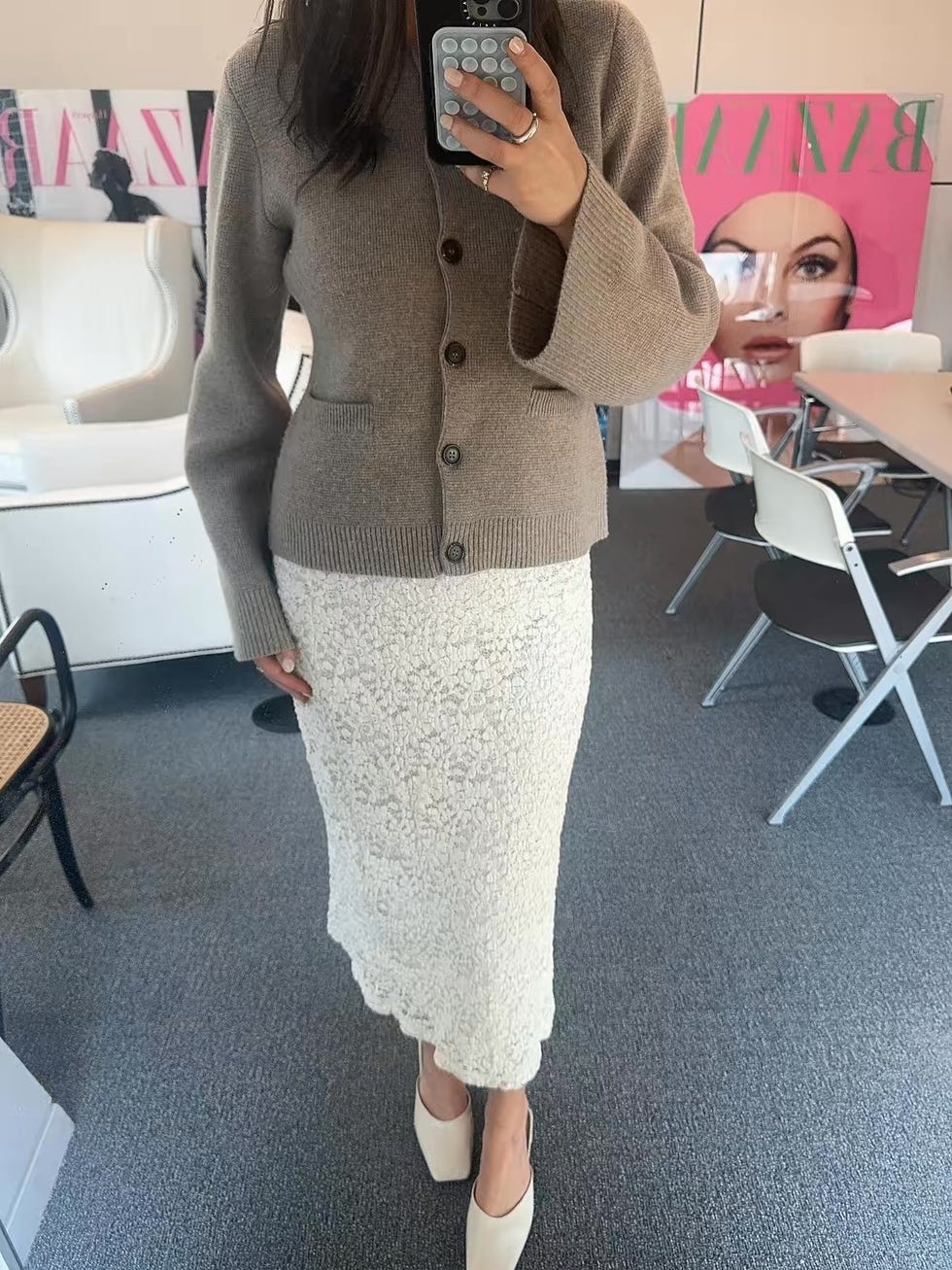 a person showcasing a stylish outfit consisting of a brown cardigan and a white lace skirt