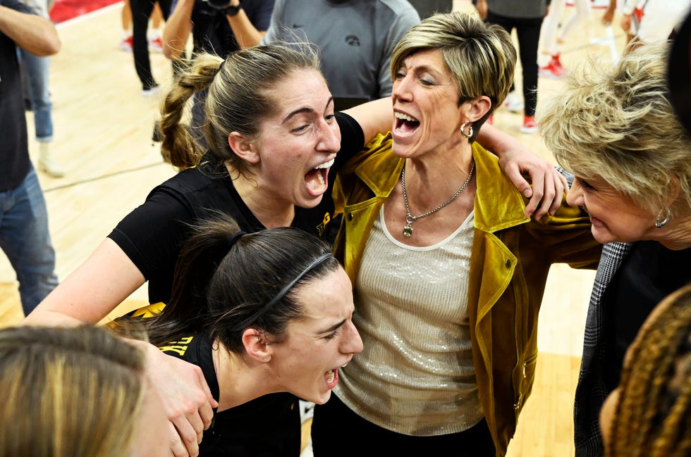 columbus, ohio january 23: caitlin clark #22 of the iowa hawkeyes celebrates with teammates after a victory against the ohio state buckeyes at jerome schottenstein center on january 23, 2023 in columbus, ohio. (photo by g fiume/getty images)