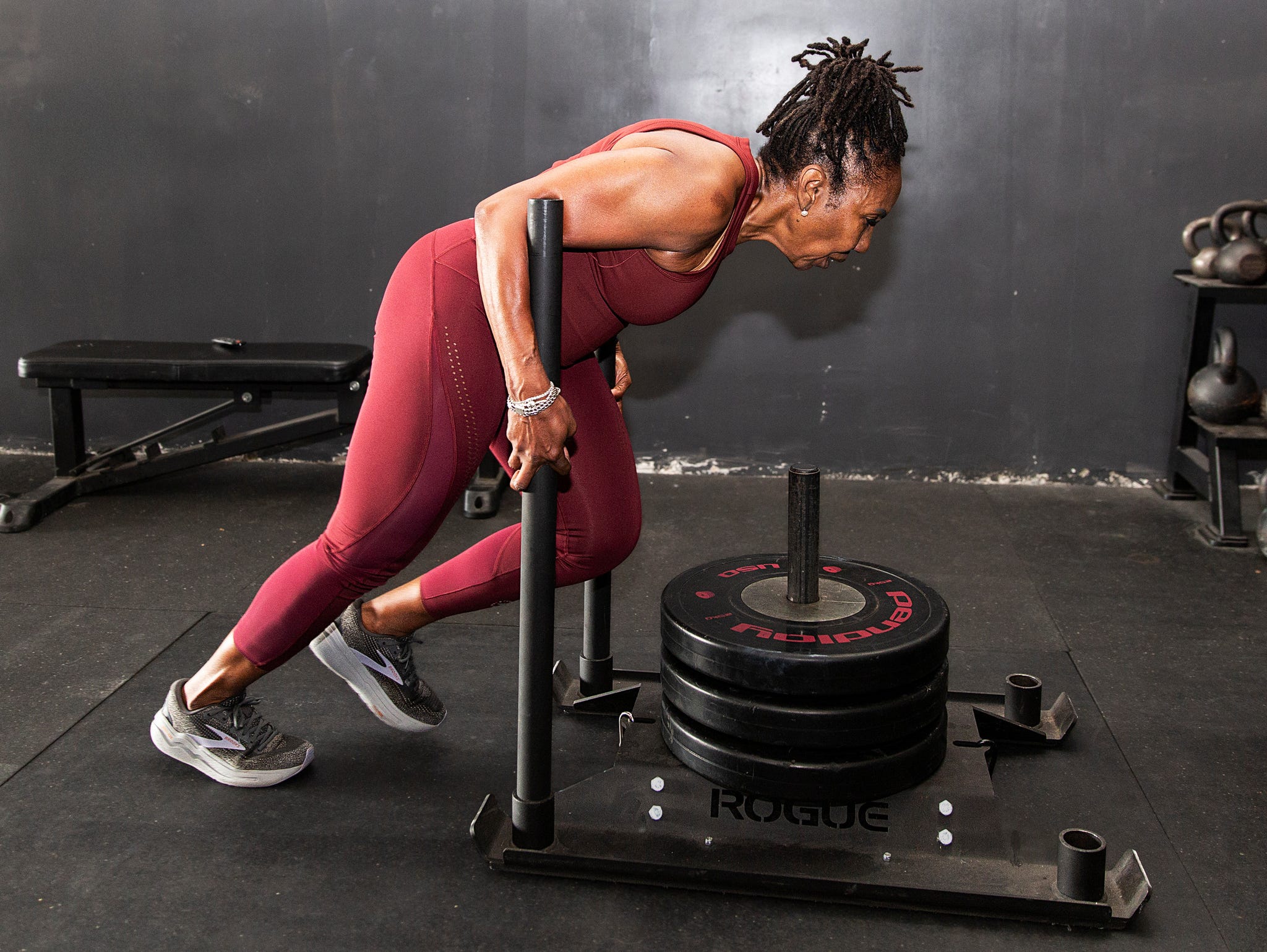 cynthia sanders pushes a weighed sled during a workout at dtx performance co in dallas, texas, on june 6, 2025. cynthia sanders pushes a weighed sled during a workout at dtx performance co in dallas, texas, on june 6, 2025.