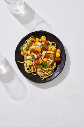 mackerel and tomato pasta with almond mint pesto