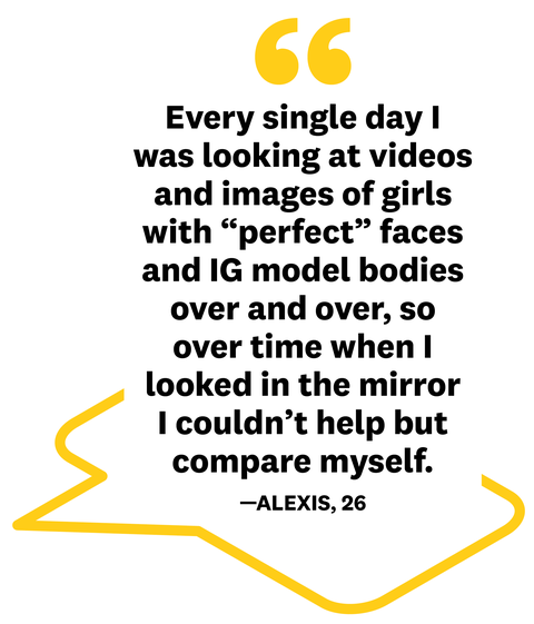 every single day i was looking at videos and images of girls with “perfect” faces and ig model bodies over and over, so over time when i looked in the mirror i couldn’t help but compare myself
—alexis, 26