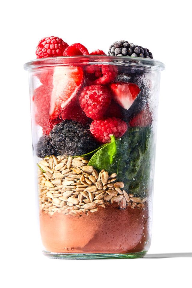 chocolate berry protein smoothie ingredients in a jar