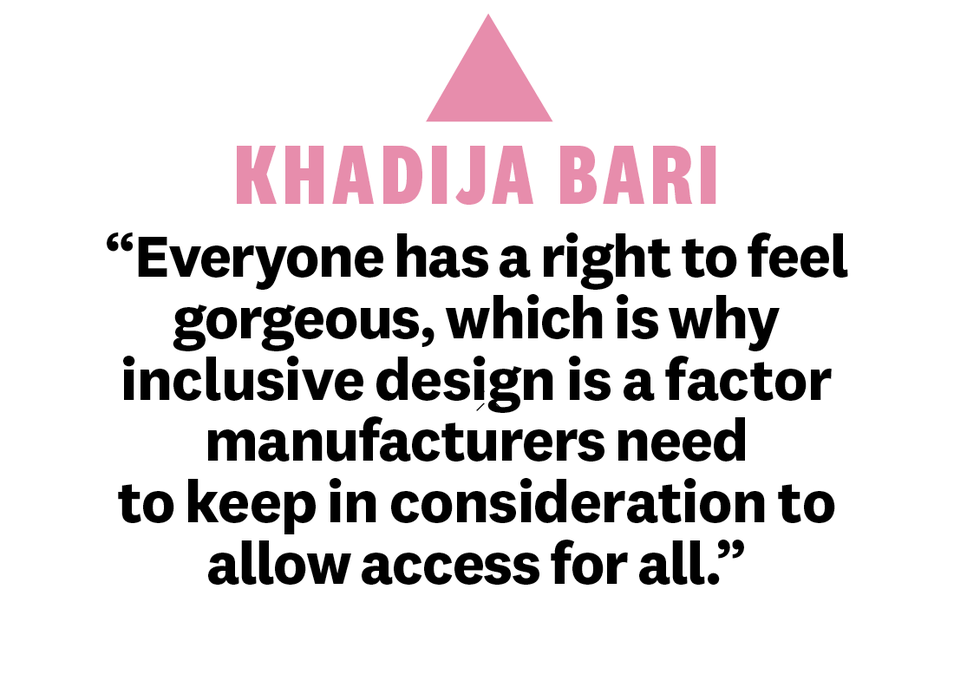 khadija bari with quote everyone has a right to feel gorgeous which is why inclusive design is a factor manufacturers need to keep in consideration to allow access for all