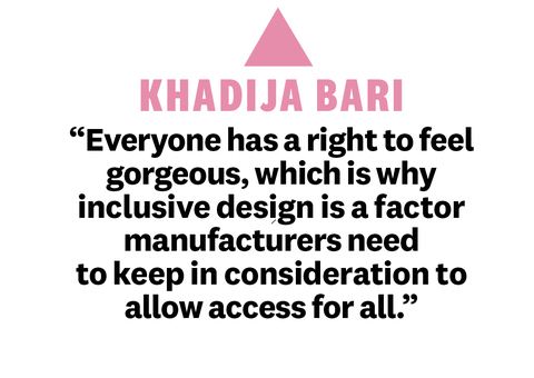 khadija bari with quote everyone has a right to feel gorgeous which is why inclusive design is a factor manufacturers need to keep in consideration to allow access for all
