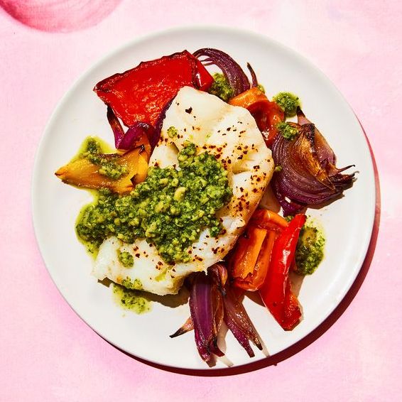 Roasted fish and peppers with chickpea pesto