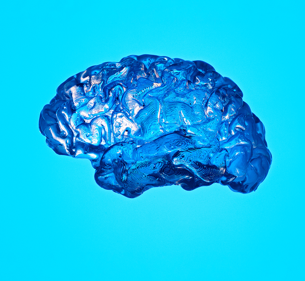 a blue stylized representation of a human brain against a bright blue background