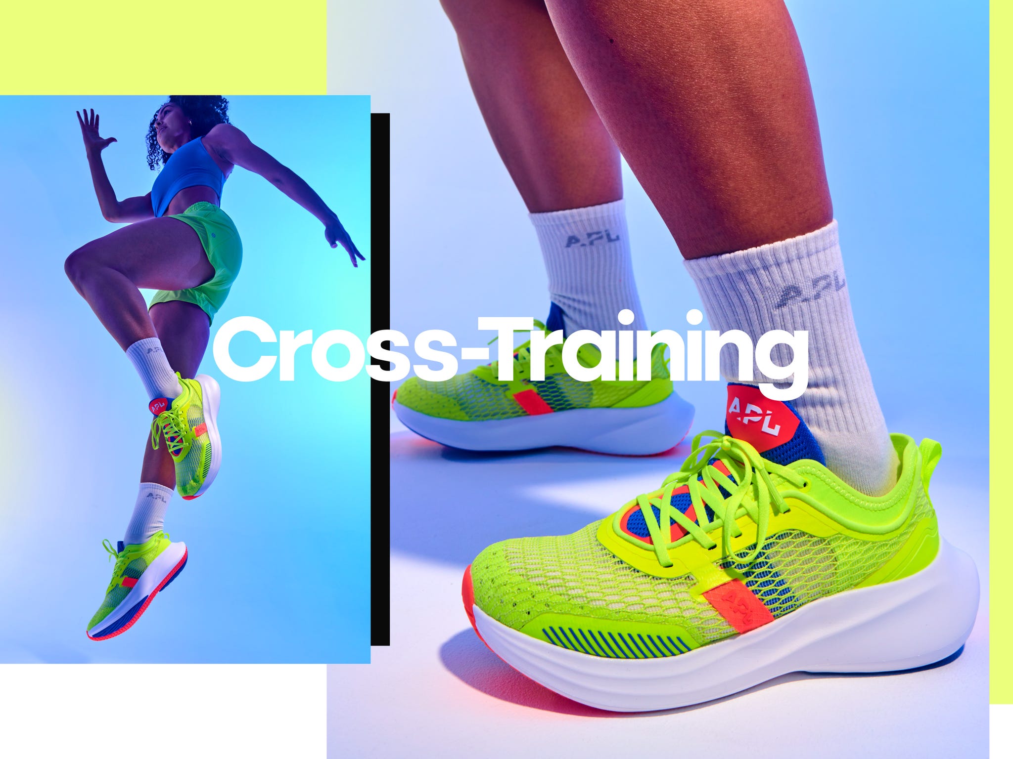 promotional graphic for crosstraining shoes featuring vibrant sneakers
