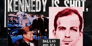 walter cronkite on news, kennedy is shot newspaper clipping, president john f kennedy in motorcade into city from airport, lee harvey oswald mugshot