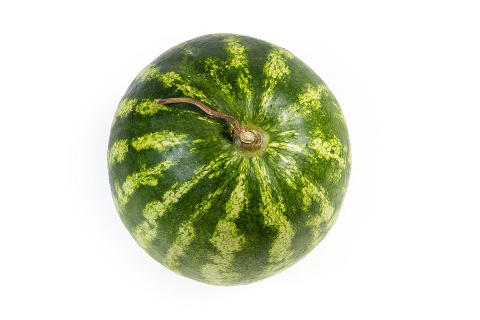 whole striped watermelon with withered tail on white background
