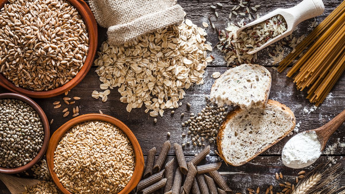 wholegrain food still life shot on rustic wooden table