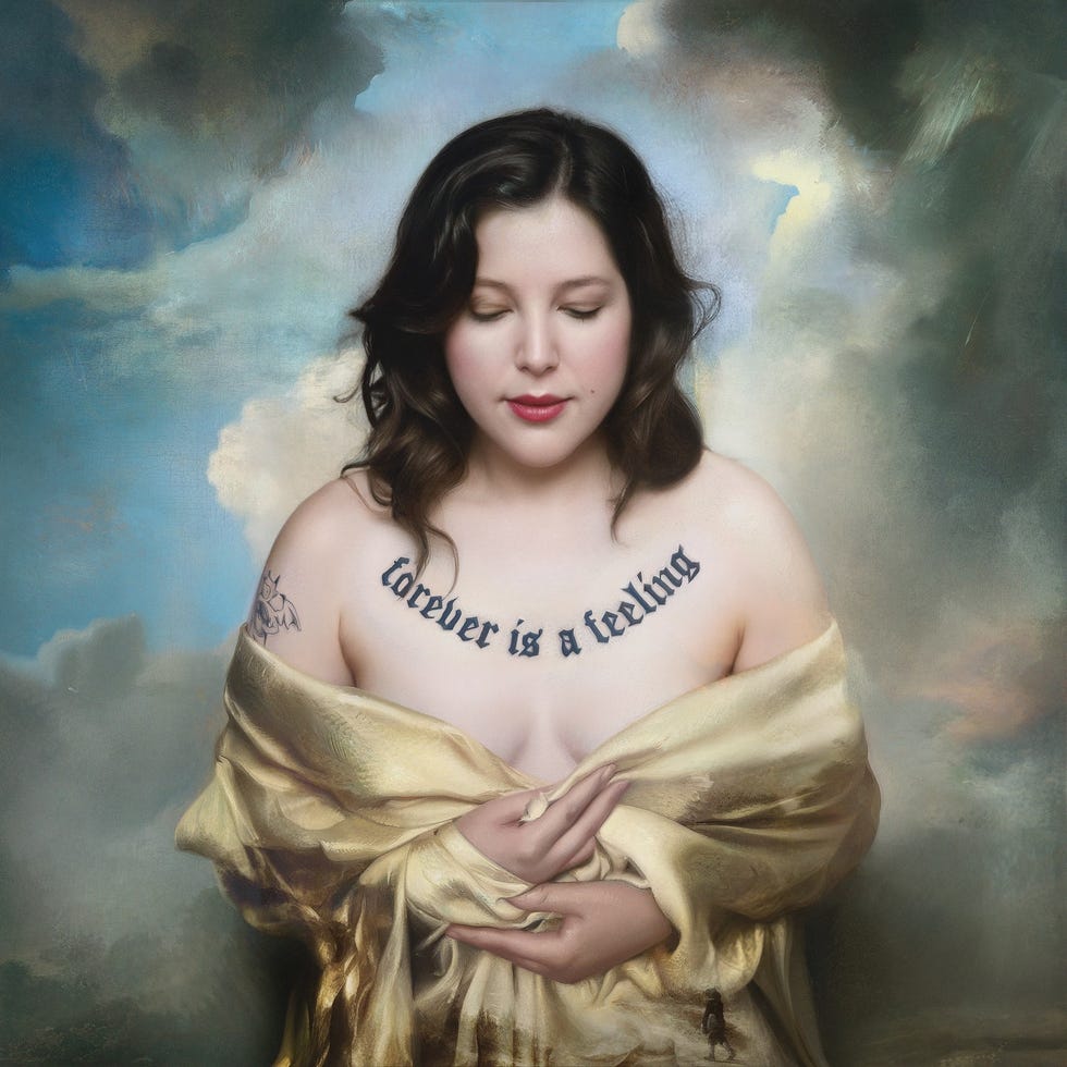 a figure draped in a golden shawl with a tattoo on the chest