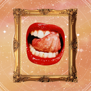 Your Ex by Zodiac Sign a disembodied open mouth with red lipstick licks its top lip a gold picture frame surrounds the mouth, and an orange, starry sky is in the backgroud