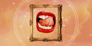a disembodied open mouth with red lipstick licks its top lip a gold picture frame surrounds the mouth, and an orange, starry sky is in the backgroud