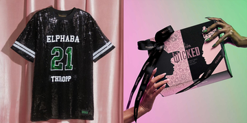 a sequin black shirt beside it a hands holds a gift box from voluspa featuring a pink background and black decorative elements highlighting the word wicked along with intricate designs