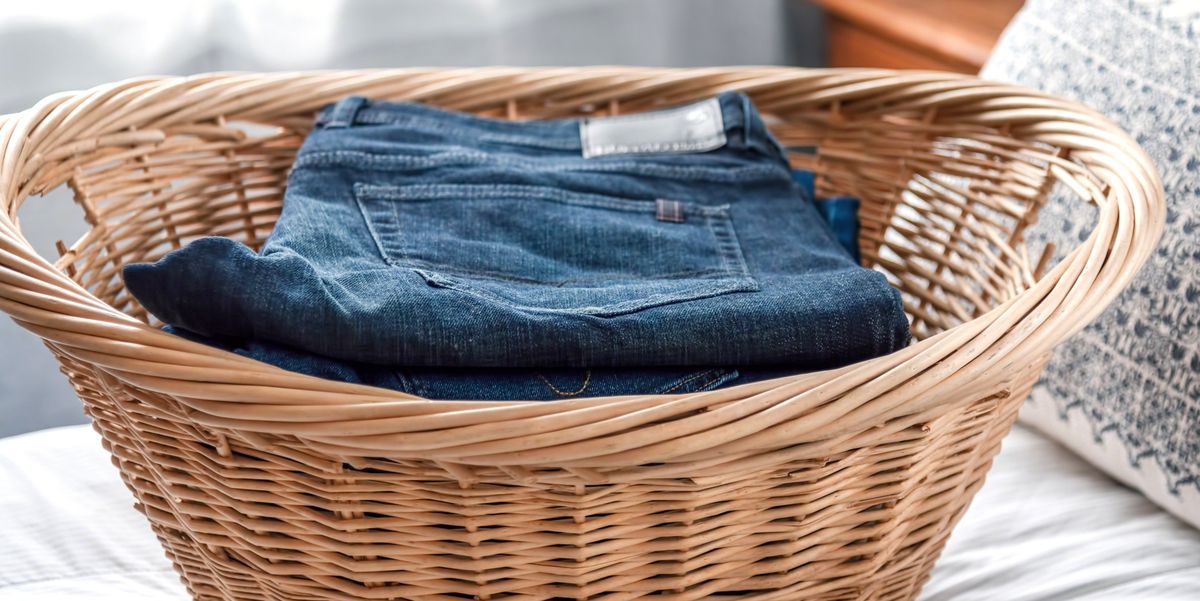 jeans in wicker laundry basket