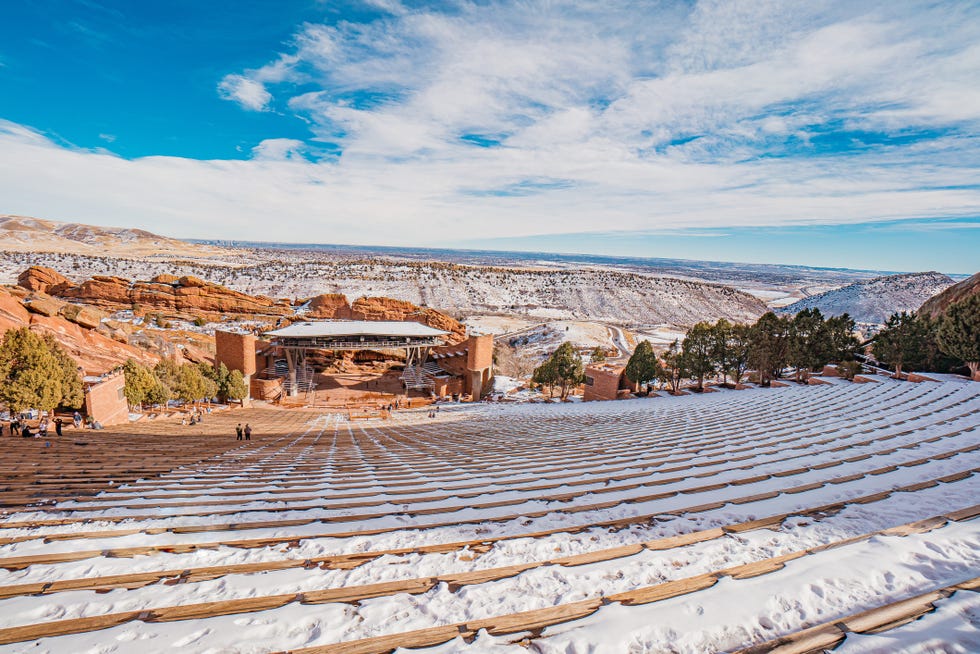 wide angle shot of the view from the top step above the red rocks amphitheater in morrison colorado during the winter off season