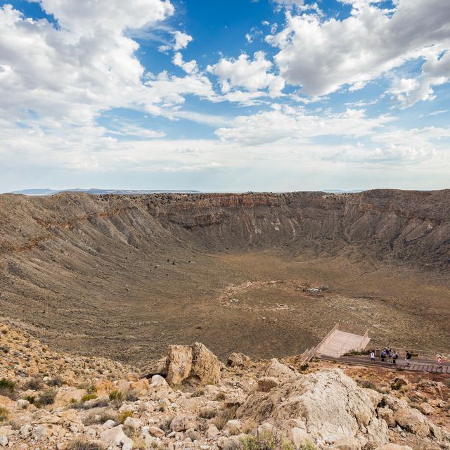 wide angle showing meteor crater impact spot in arizona desert