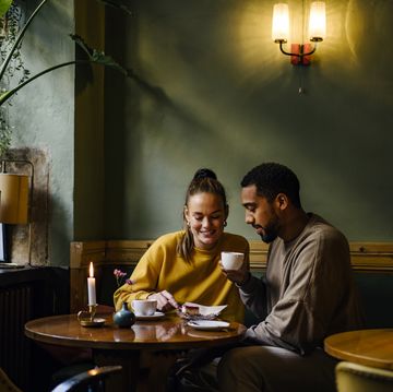 wide shot with copy space of couple sharing a dessert in cafe