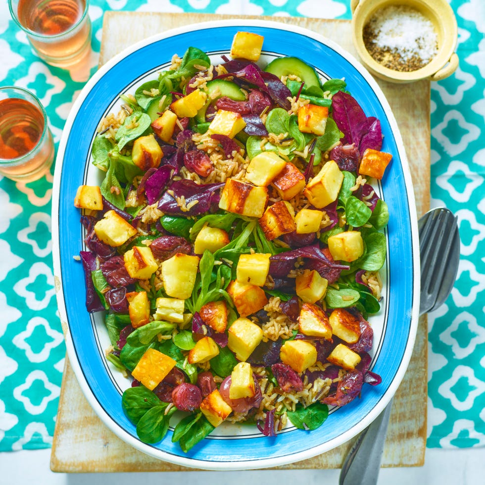wild rice, roasted grape and halloumi salad