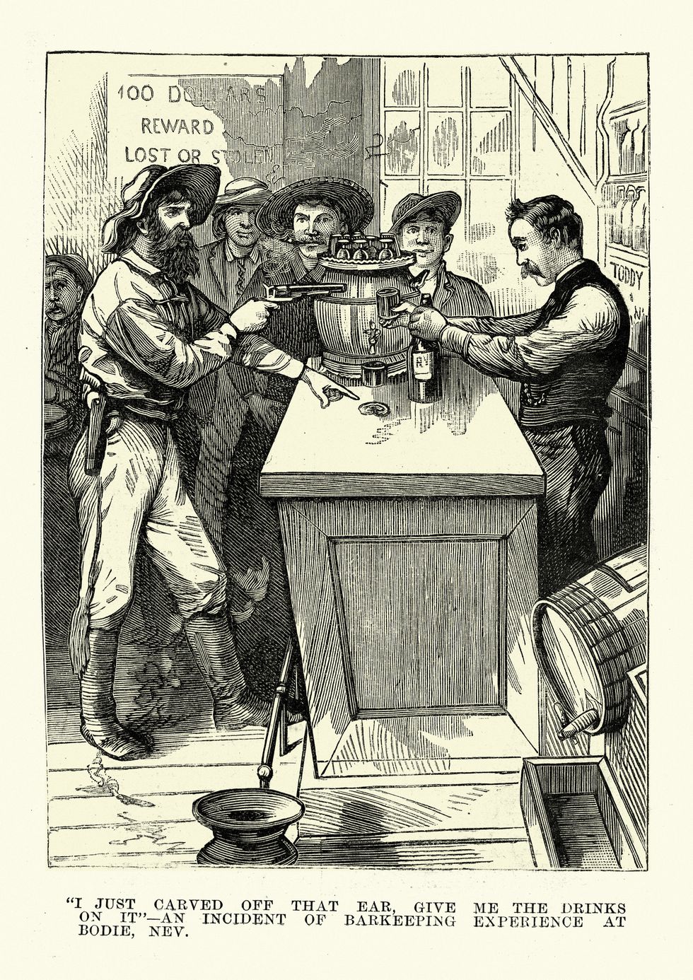 wild west saloon bartender threatened with a gun, 19th century