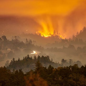 wildfire-smoke-weather Een bosbrand in Calistoga Californi geeft de lucht een oranje gloed Uit nieuw onderzoek blijkt dat hitte as en andere deeltjes van branden zoals deze van invloed kunnen zijn op weerpatronen in de buurt en op grote afstand