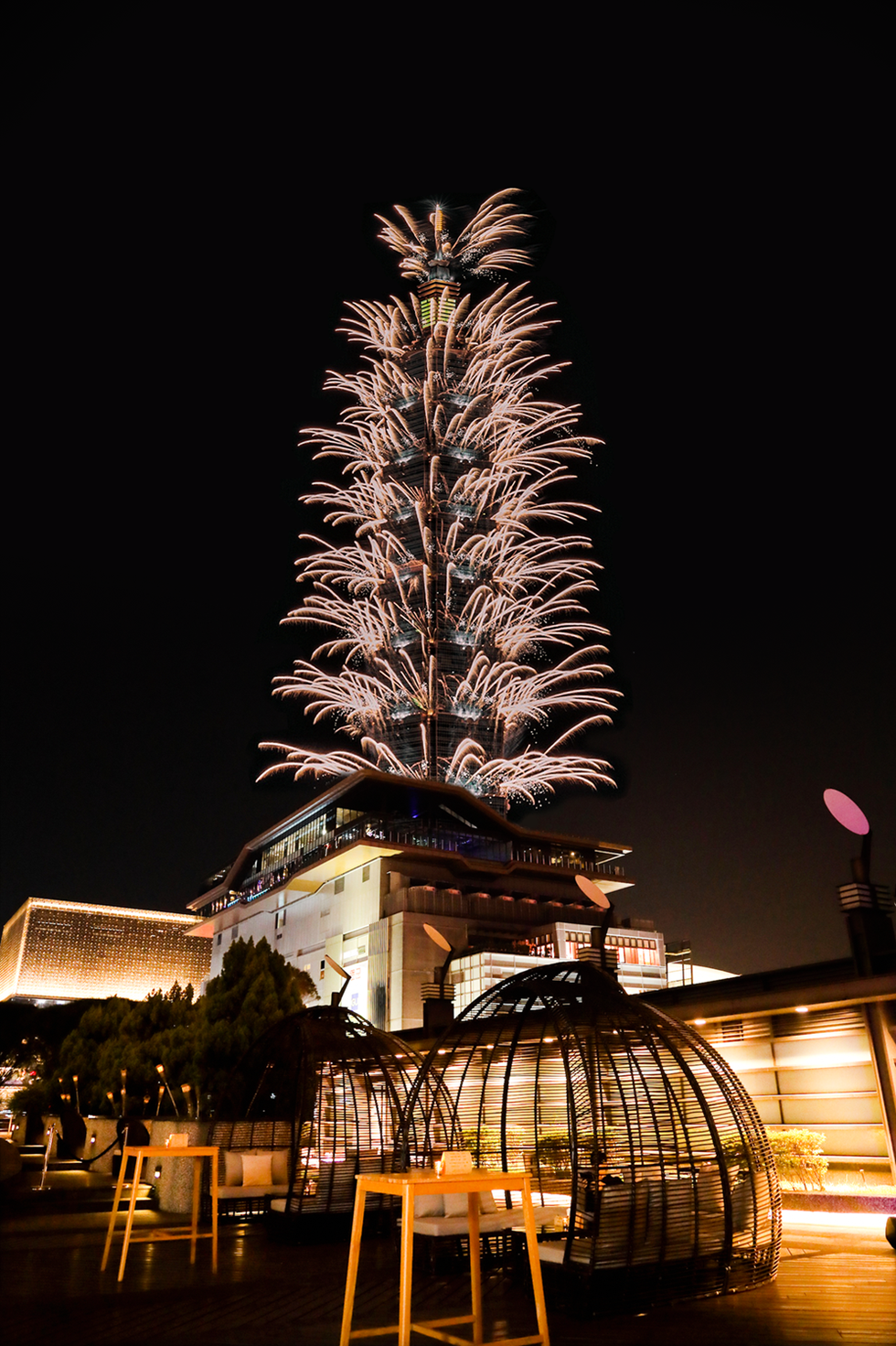 a tall tree with lights at night