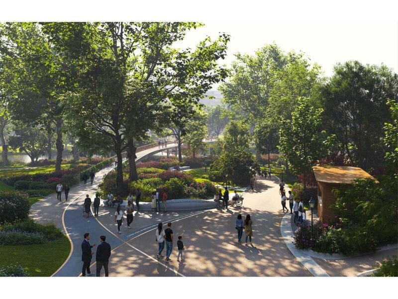 urban park with walking paths greenery and people engaging in recreational activities