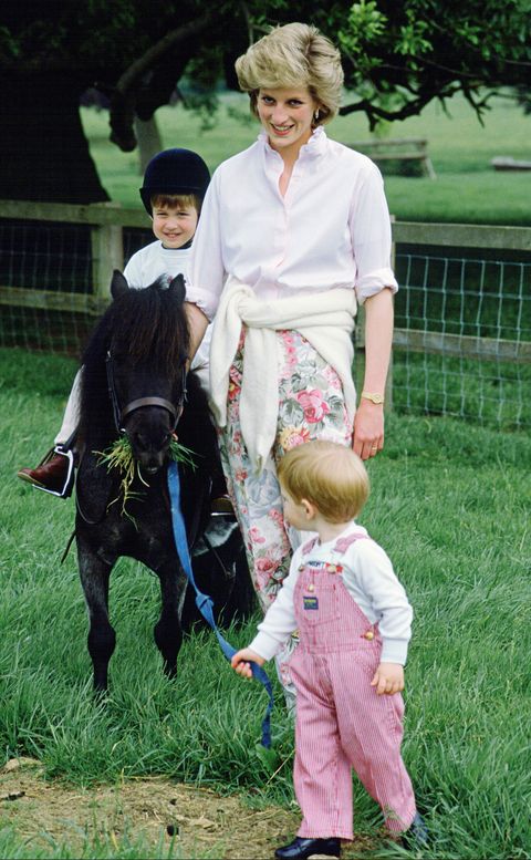 Princess Diana and Harry lead William on a pony on the grounds at Highgrove.