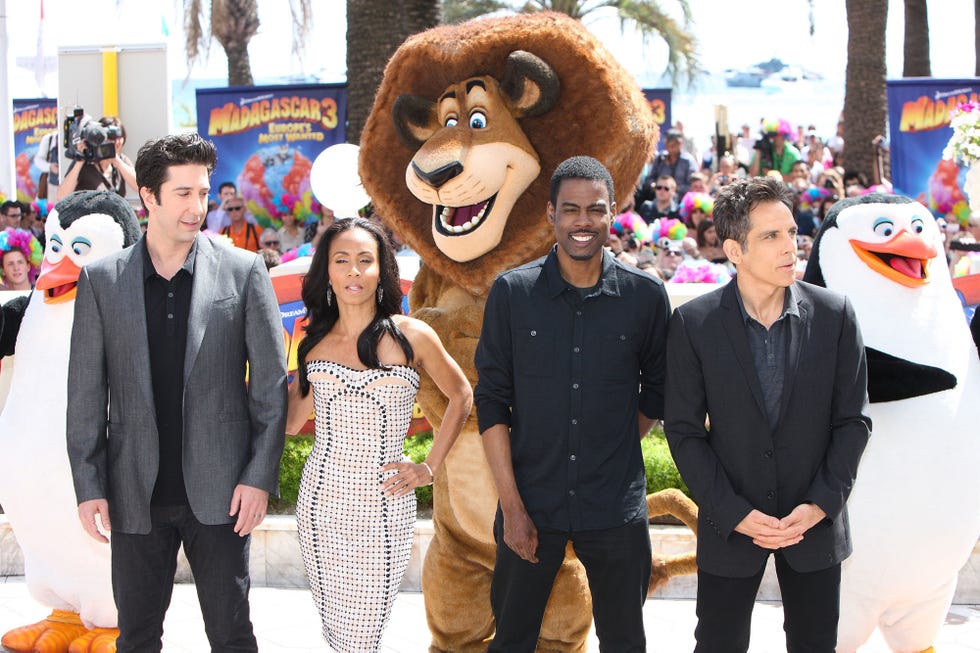 los actores david schwimmer, chris rock, ben stiller y jada pinkett smith en el estreno de 'madagascar 3' en el 65º festival de cine de cannes en 2012