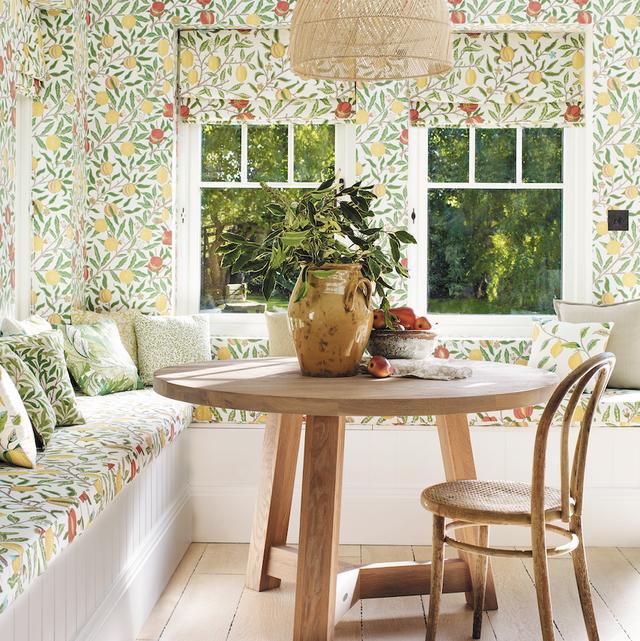 bright room with patterned wallpaper