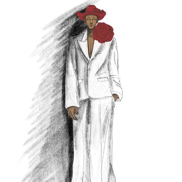 a sketch of a person wearing a white suit and a red hat