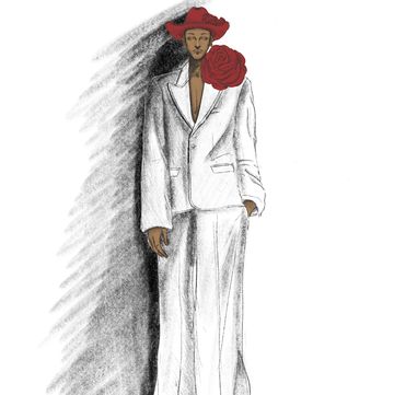 a sketch of a person wearing a white suit and a red hat
