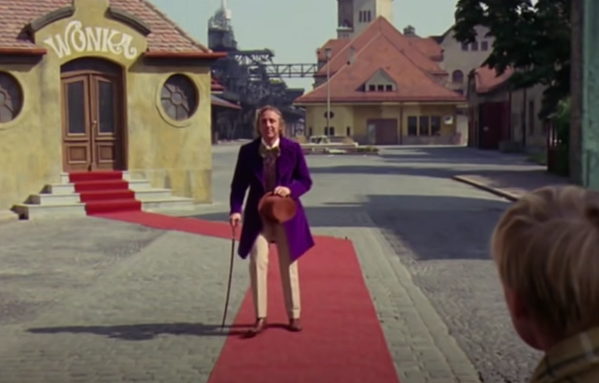 willy wonka walking down street