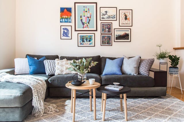 Living room, Furniture, Room, Coffee table, Interior design, Couch, Blue, Table, Property, Wall, 