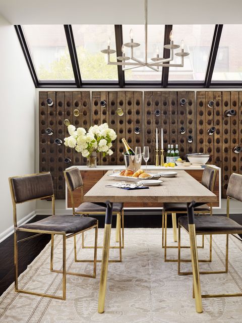dining room with wine storage wall