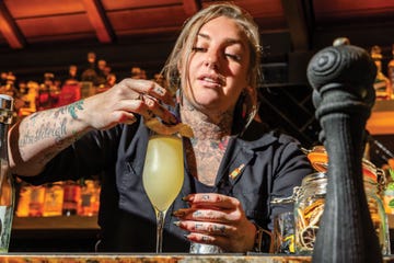 ashleigh grace mixes a booze free french 75 at goodnights prime steak and spirits in healdsburg california