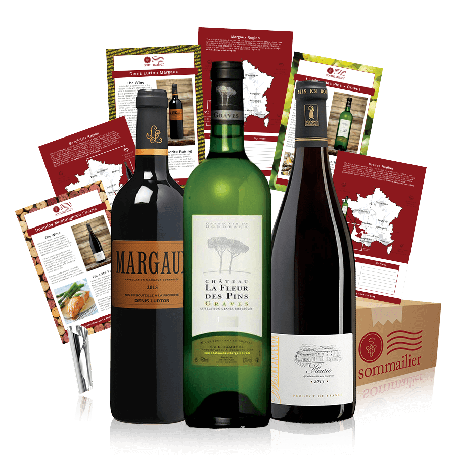 three bottles of french wine surrounded by cards with information on them