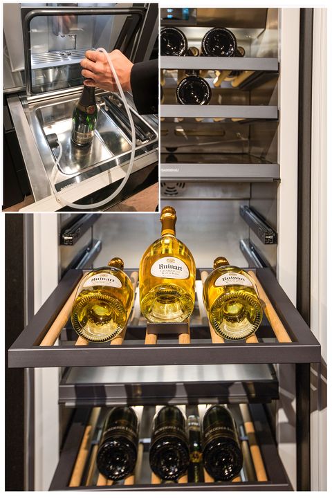 Major appliance, Kitchen appliance, Champagne, Wine, Wine bottle, Drawer, Liqueur, Cuisine, Furniture, Display case, 