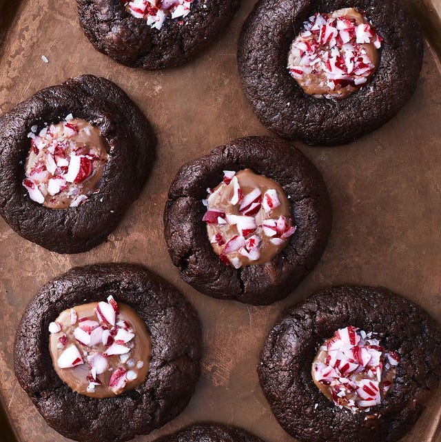 chocolate peppermint thumbprint cookies on metal tray