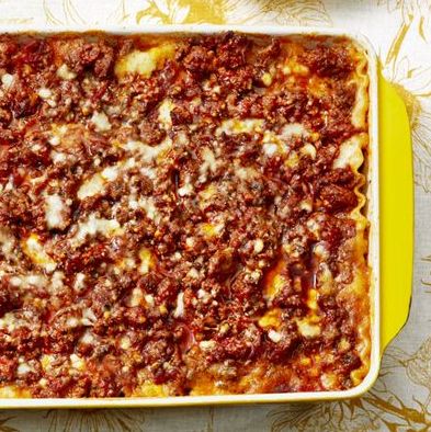 best lasagna ever in yellow casserole dish