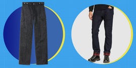 two pairs of mens pants displayed in graphical circles