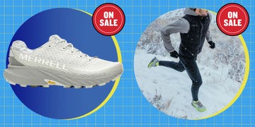 merrell running shoes next to a runner in a snowy landscape both labeled on sale