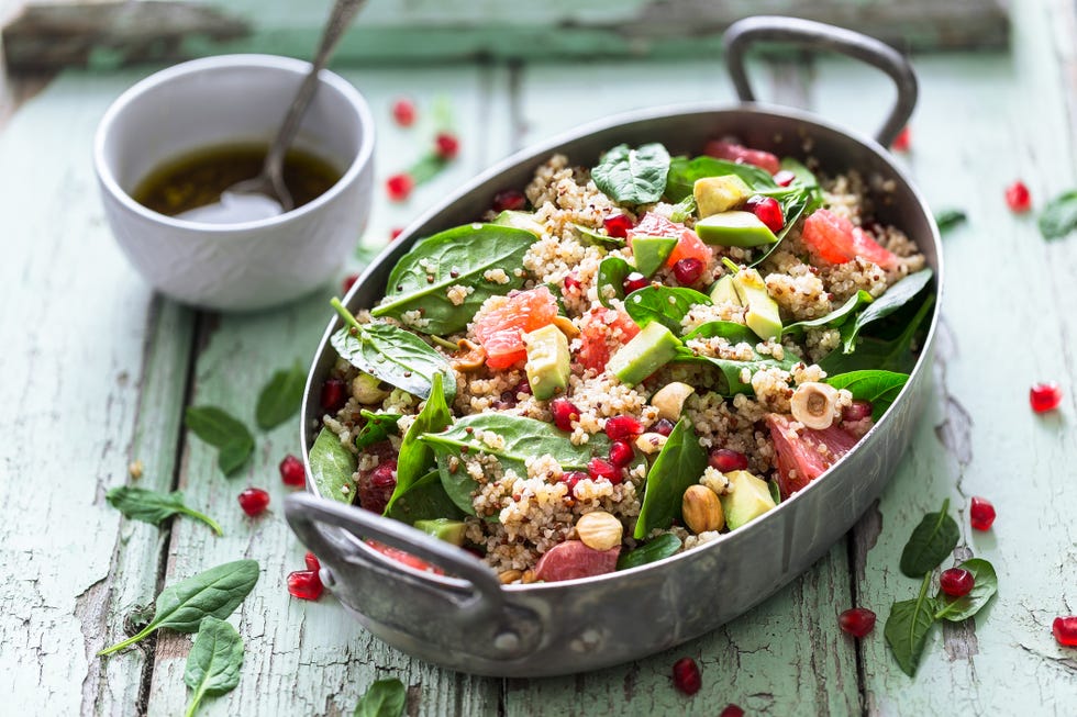 Healthy Carbs: Winter Salad with Quinoa, Avocado, Blood Orange, Pomegranate, Bulgur, Hazelnuts