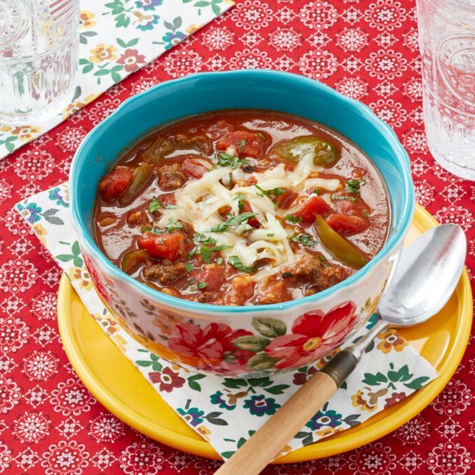 stuffed pepper soup in floral bowl