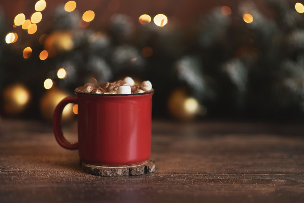 winter whipped cream hot coffee in a red mug with star shaped cookies and warm scarf   rural still life
