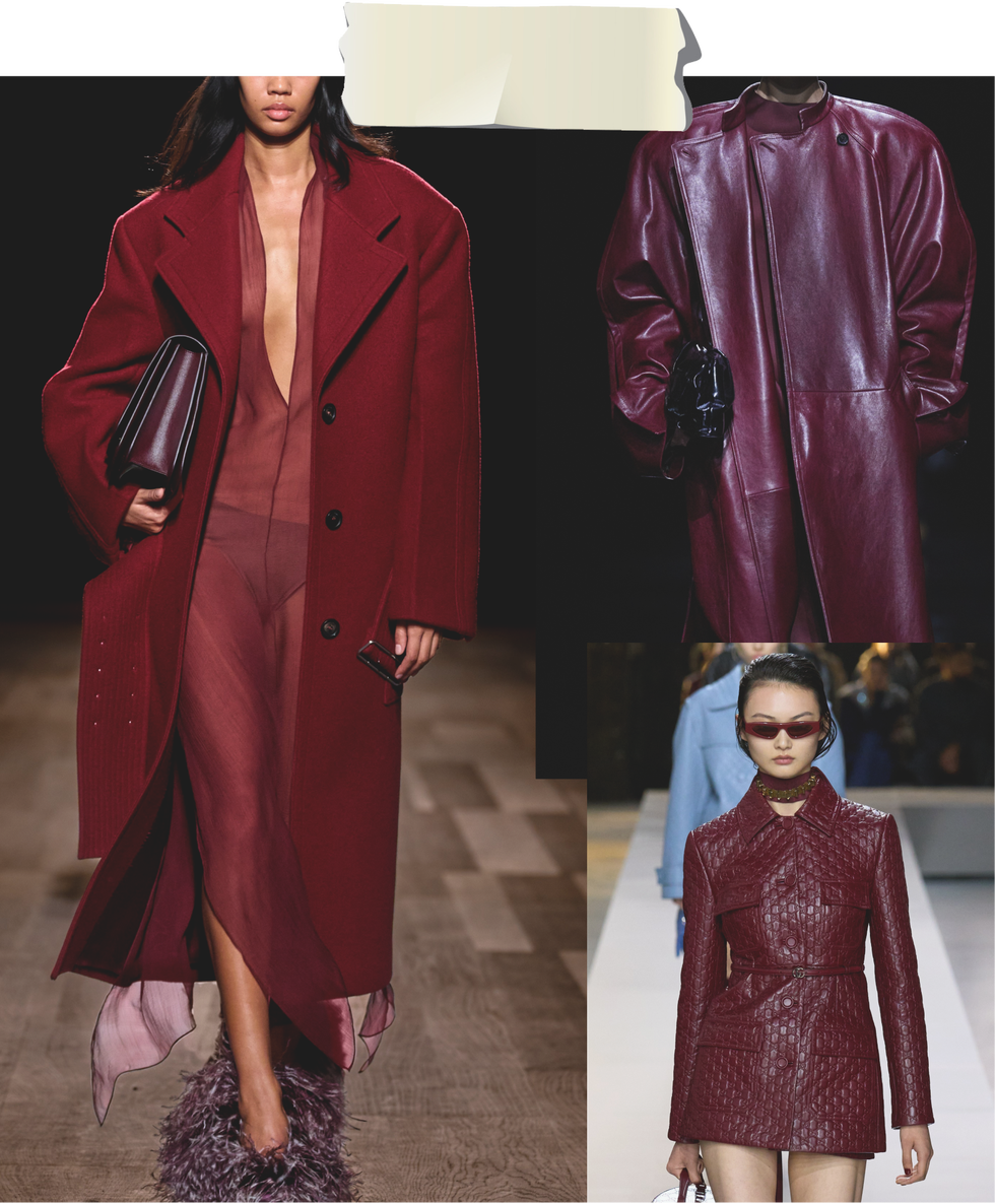 fashion display featuring three women wearing burgundy outerwear