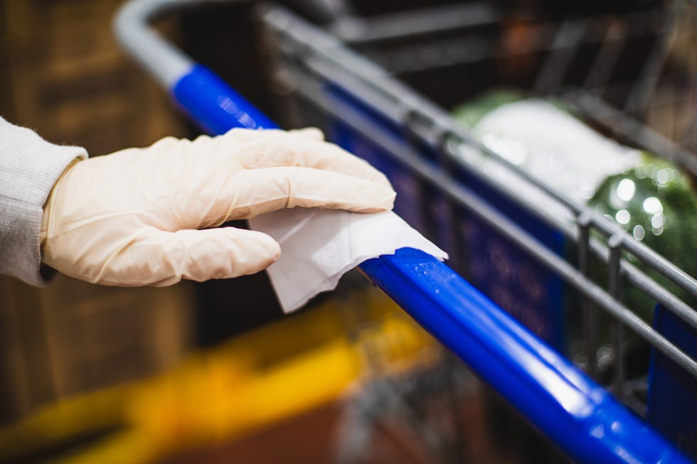 wiping down shopping cart surface