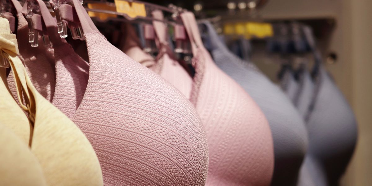 wireless seamless bra hanging on rack in lingerie store
