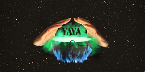 two hands reach out over green and blue flames with the name yaya over the flames