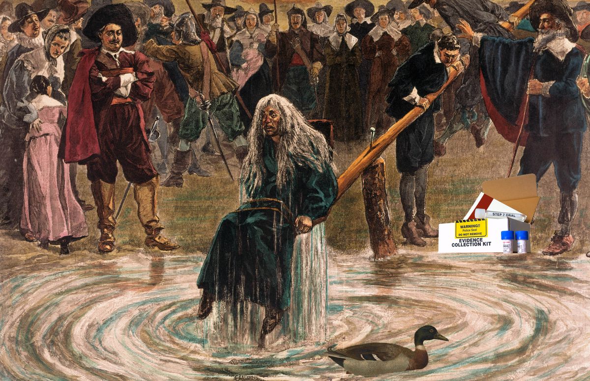 an accused witch going through the judgement trial, where she is dunked in water to prove her guilt of practicing witchcraft